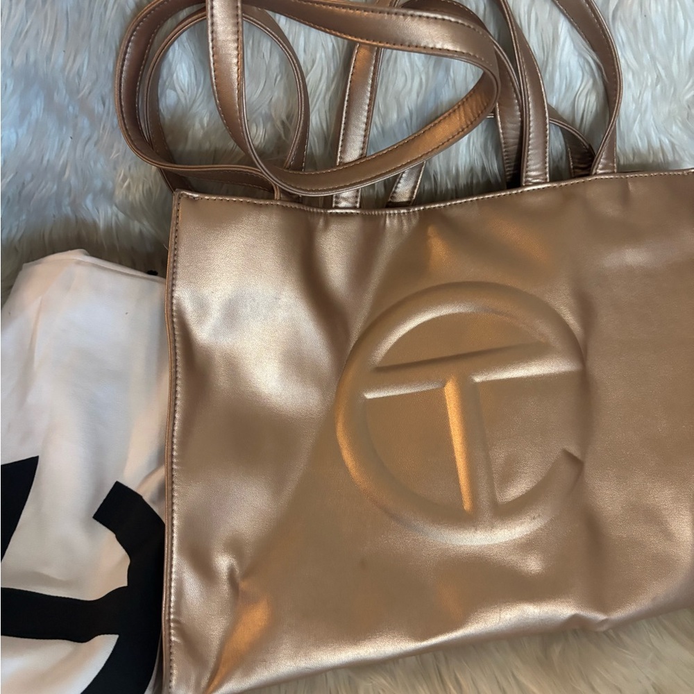 Telfar Gold Metallic Tote Bag with Embossed Logo